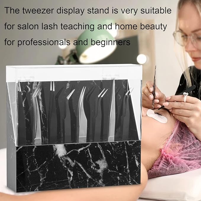 8 Holes Dust-proof Eyelash Tweezers Holder Case Acrylic Marble Tweezer Stand Display Organizer with Cover for Lash Extensions (black)