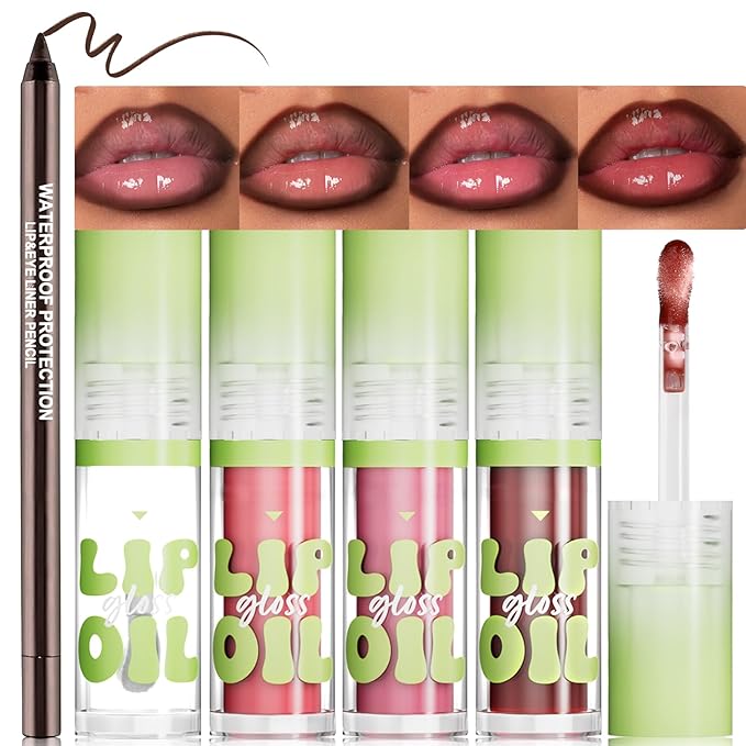 4 Colors Lip Oil with Brown Lip Liner Set, Hydrating Lip Combo Moisturizing Tint Lip Gloss Smooth Highly-Pigmented Matte Lip Liner Pencil Nourishing Non-sticky Shaping Plumping Lips Daily Makeup