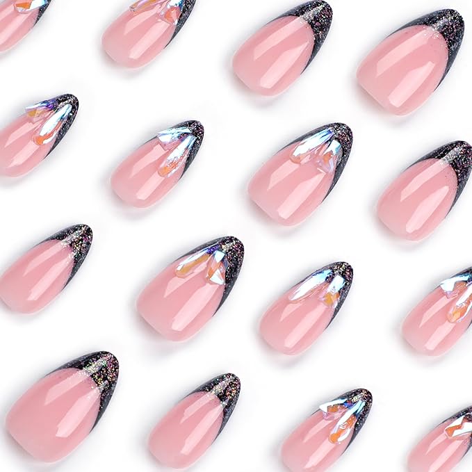 Press on Nails Medium Almond Fake Nails Glitter French Tip False Nails with Designs Crystal Rhinestones Glue on Nails Nude Acrylic Nails 24 Pcs for Women Girls Manicure Art