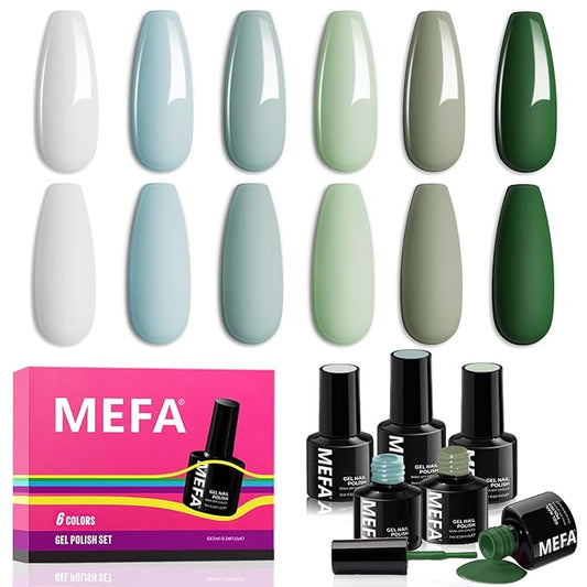 MEFA Green Gel Nail Polish Set 6 Colors, Sage Green Mist Blue Light Grey Dark Olive Shades Earth Tone Gel Polish Matcha Avocado Soak Off Nail Art Design Home Manicure Kit Gifts St. Patrick's Day
