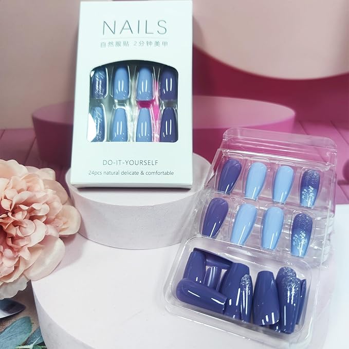 Medium Coffin Acrylic Full Cover False Nails Purple Flower Press on Nails Blue Gradient Stick on Nails Glossy Silver Glitter Fake Nails 24Pcs Wild Flowers Gel Glue on Nails for Coquette Women Girls