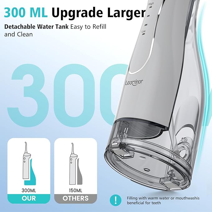Leominor Water Dental Flosser Pick for Teeth, 300ML Portable Oral Irrigator Upgraded Tank Removable,IPX7 Waterproof, Rechargeable Travel Teeth Cleaner, Professional Electric Flossing Machine (Gray)