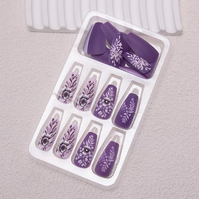 Purple Press on Nails Short Coffin Fake Nails 3D Flower Acrylic Nails Floral Leaf False Nails Matte Stick on Nails Square Artificial Nails for Women Girls Manicure 24Pcs