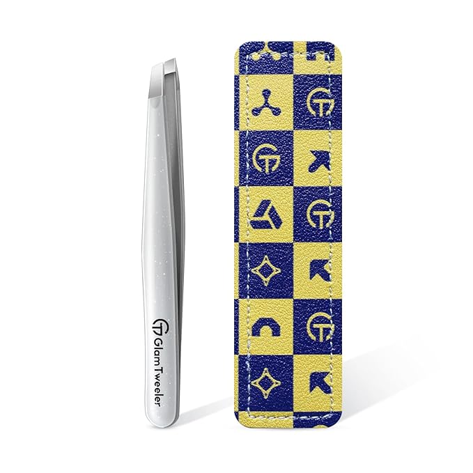 Expert Slant Tip Tweezers with Leather Case, GlamTweeler Sharp & Precision Stainless Steel Tweezer for Eyebrows, Facial Hair and Fine Hairs Removal (Sparkle Silver)