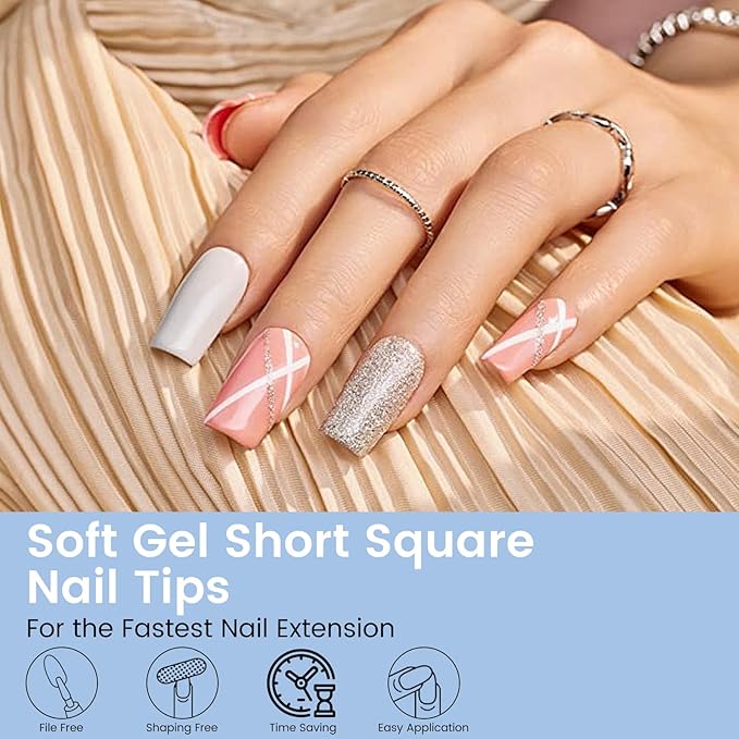 Short Square Nail Tips: 504PCS Acrylic Pre-shaped Soft Gel Square Nail Tips, 12 Sizes Full Cover Fake Press on Nails for Beginner Professional DIY Nail Salon