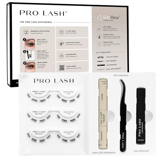 Pro Lash SoftWear Starter Lash Clusters Kit - Seamless, Lightweight Lashes - 7-Day Eyelash Extensions - 3 Sets of False Eyelashes Plus Adhesive, Remover, Tweezers - Classic Shorties No. 05 Black