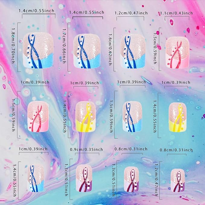 24Pcs Colorful French Press on Nails Polka Dot Stick on Fingernails Curve Line Short Square False Nails Glossy Silver Glitter Acrylic Fake Nail Pink Gradient Gel Glue on Nail for Coquette Women Girls