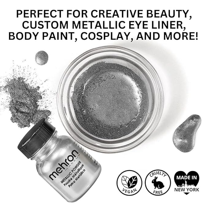 Mehron Makeup Metallic Powder | Metallic Chrome Powder Pigment for Face & Body Paint, Eyeshadow, and Eyeliner .5 oz (14 g) (Silver)