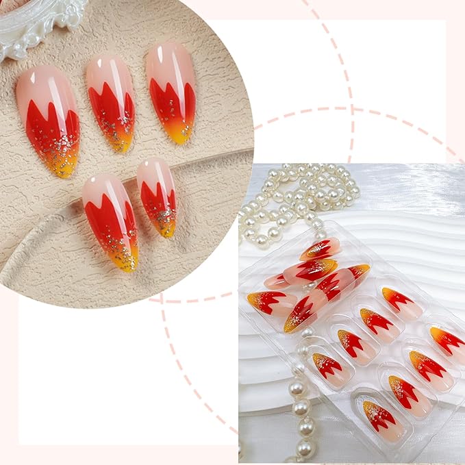 24pcs French Tip Press on Nails Medium Almond Fake Nails with Glitter Designs Flame False Nails Kit Gold Red Acrylic Nails Stick on Nails Full Cover Glue on Nails for Women Nail Decoration