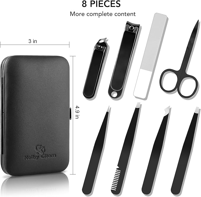 Tweezers Set for Facial Hair Women, 8Pcs Precision Eyebrow Tweezer Nail Clipper Set Eyebrow Pluckers Men for Ingrown Hair Removal(Black)
