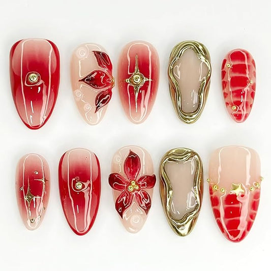 24Pcs Fall Press on Nails Medium Almond French Tip Fake Nails Gold Star Bead with Red Flower Rhinestones Glitter Designs Red Full Cover Tips Glue on Nails Autumn False Nails for Acrylic Manicure Tips