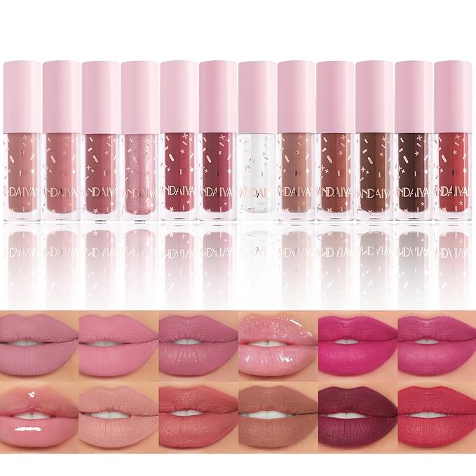 12Pcs Nude Matte Liquid Lipstick Set, Waterproof Long Lasting Non-Stick Cup 12 Colors Nude Lipstick 24 Hour Not Fade Matte Lipstick Professional Lip Gloss Makeup Christmas Day Gift Sets for Women