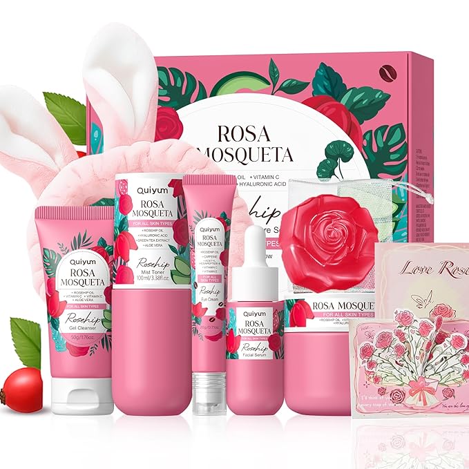 Rosehip Skin Care Sets, Gift Sets for Women, 6 Daily Routine Beauty Skincare- with Face Cleanser, Toner, Eye Cream, Cream, Serum, Handmade Soap, Facial Skin Care Product for Travel