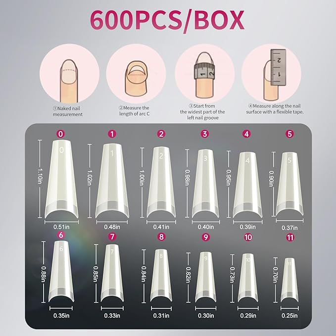 krofaue Natural Acrylic Nail Tips - 600PCS Half Cover Coffin False Nails 12 Size with Box for Salon and Home DIY
