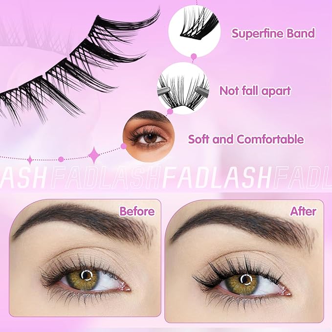 FADLASH Lash Clusters Wispy Eyelash Clusters Natural Individual Lashes 10-16 mm and Waterproof Cluster Eyelash Extensions with Soft Thin Band