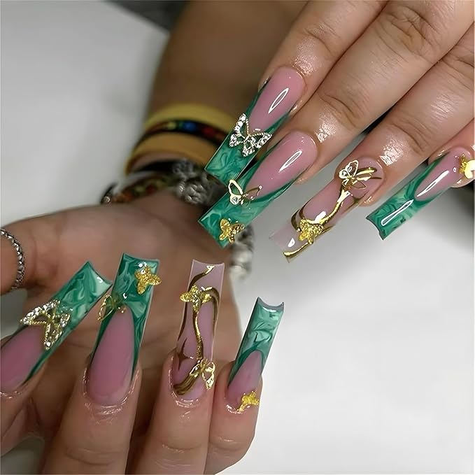 Long Press on Nails Square Fake Nails French Tip False Nails Green Artificial Nails with Butterfly Designs Stick on Nails for Women 24pcs