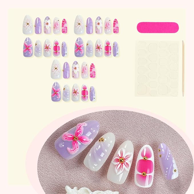 30pcs Pink Flower Press on Nails Medium Almond Fake Nails with 3D Cute Flowers Gold Beads Designs Summer Floral False Nails Kit Handmade Full Cover Acrylic Nail Tips Glue on Nails for Women