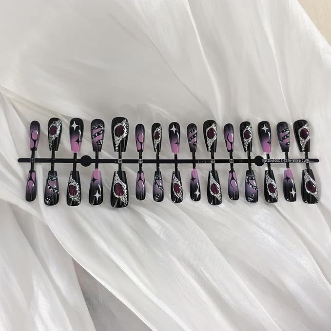 Gothic Press on Nails Medium Coffin Fake Nails Black Purple False Nail Horror Snake Flame Star Designs 3D Gems Silver Metal Acrylic Nails Full Cover Glue on Nails for Women DIY Manicure, 30Pcs