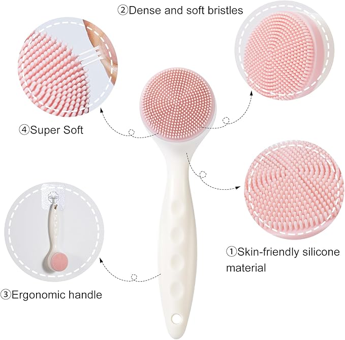 2 Pack Silicone Face Scrubber Exfoliating Brush, Manual Handheld Facial Cleansing Brush Blackhead Scrubber, Soft Bristles Waterproof for Face Skincare (Round-Blue Head+Pink Head)