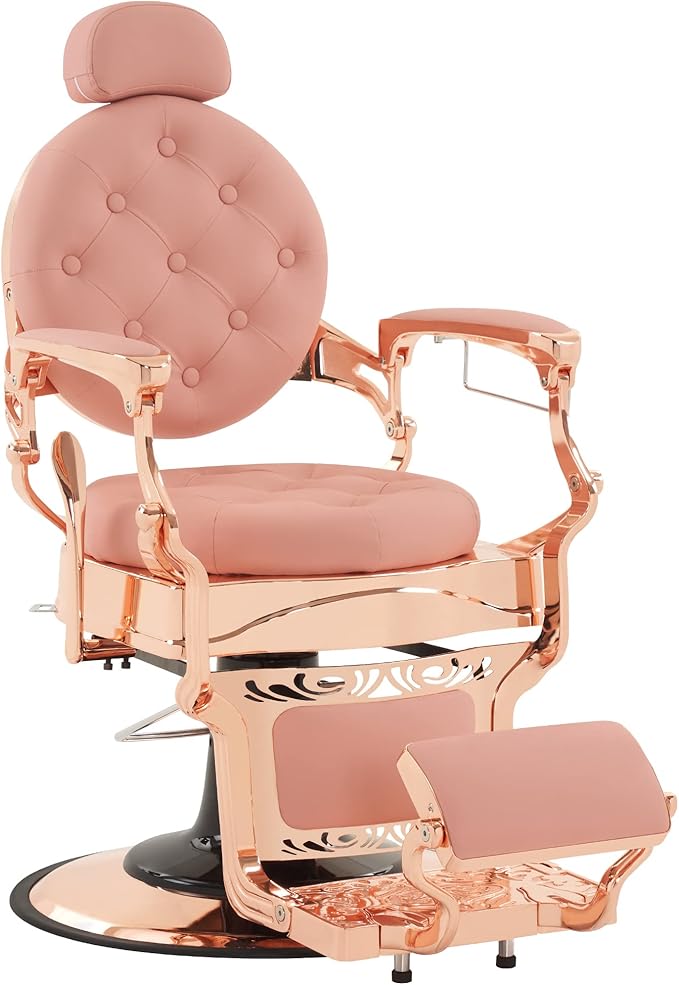 BarberPub Heavy Duty Metal Vintage Barber Chair All Purpose Hydraulic Recline Salon Beauty Spa Chair Styling Equipment 8914 (Pink with Pink Frame)