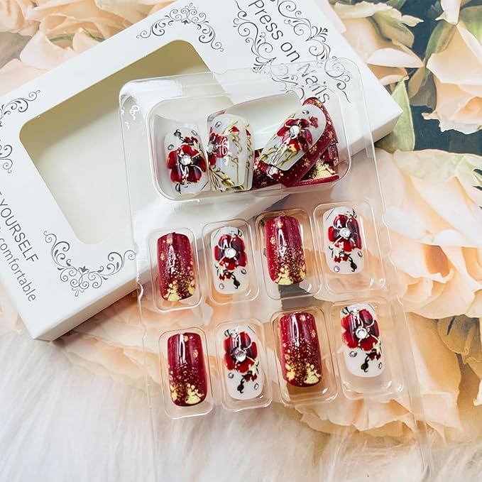 24Pcs Red Flower Press on Nails Medium Square Fake Nails Gold Floral Leaf False Nails with Rhinestones Glossy Design Summer Artificial Nails Full Cover Glue on Nails for Women DIY Acrylic Nails Kit