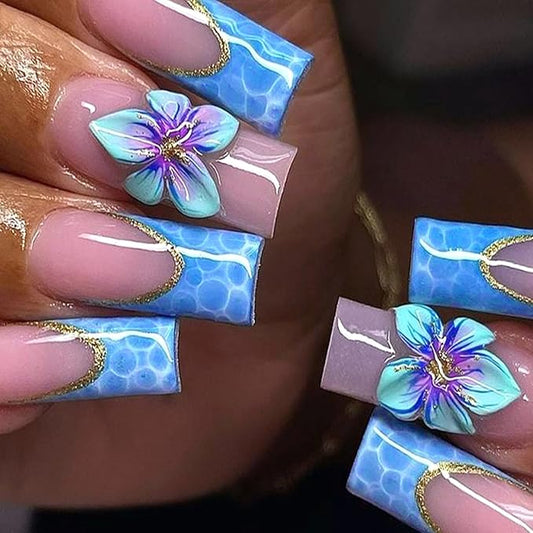 24Pcs Blue French Tip Press on Nails Medium Square Fake Nails Blue Flower Acrylic Nails Gold Glitter Nails Tip Design Summer Glue on Nails Cute False Nails 3D Floral Stick on Nails Decor for Women