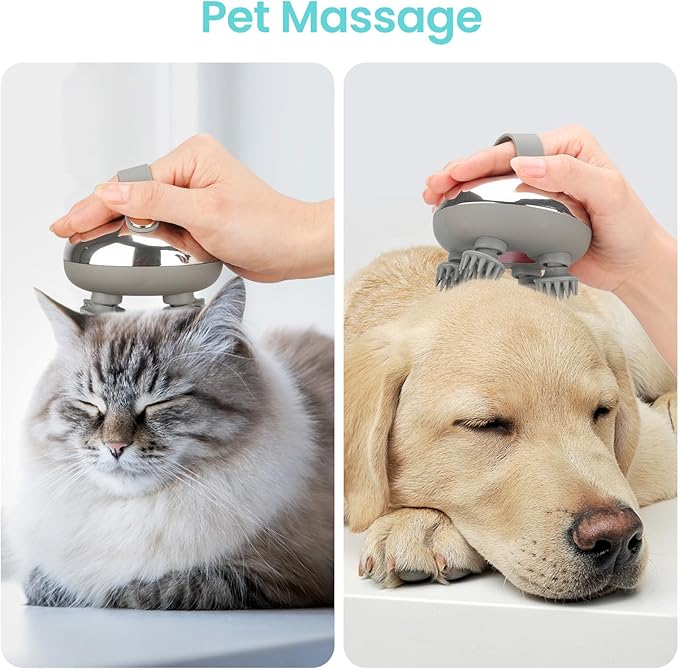 Portable Electric Scalp Massager - Rechargeable IPX7 Waterproof Heated Scalp Massager w/ 100 Kneading Nodes, 3 Speed Modes, 2 Massage Styles, 8 Claws for Scalp/Body Massage & Face Cleaning (Silver）