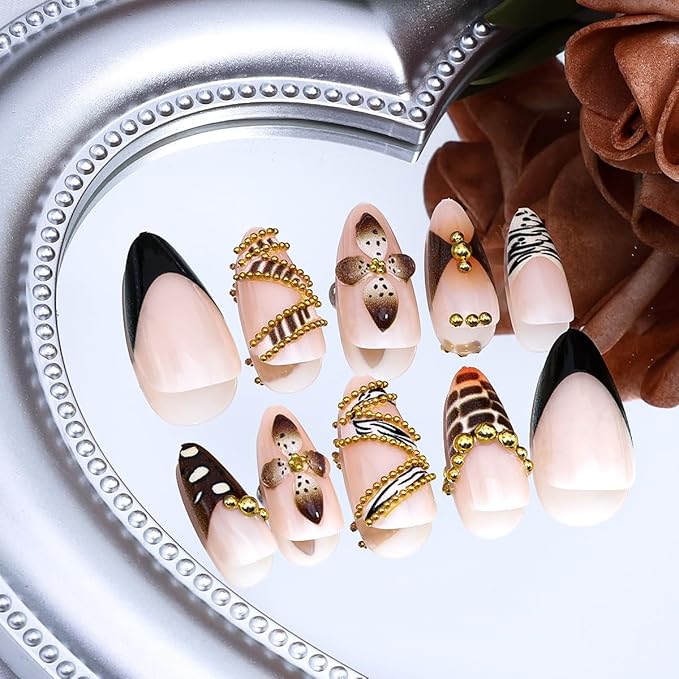 Fall Almond Press on Nails Medium French Tip Fake Nails Luxury Gold Beads Glue on Nail Brown Handmade Acrylic Nails Autumn Flower False Nail Leopard Print Tip Stiletto Stick on Nail for Women 24Pcs
