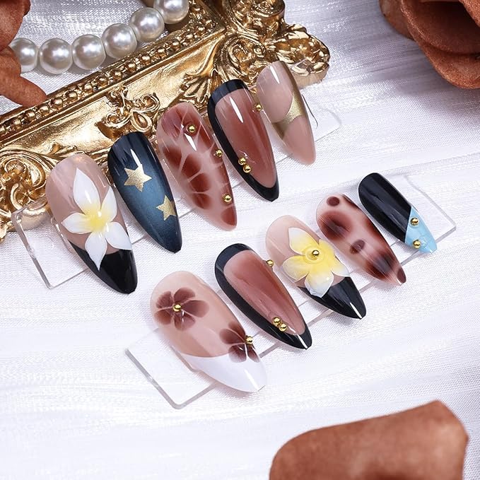 Black French Tip Press on Nails Medium Almond Fake Nails 3D Glitter Gold Beads Design Fall Flower False Nails French Tip Star Acrylic Nails Brown Glossy Glue on Nail for Women Manicure 24Pcs