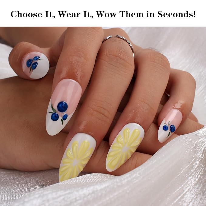 Summer Fruit 3D Press On Nails Almond Shape – Medium Length Acrylic Fake Nails with Blueberry & Lemon Art, Cute Glossy Stick On Nails for Women, Reusable DIY Nail Kit with Glue, 24PCS