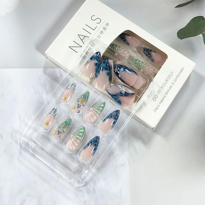 24Pcs Blue French Tip Press on Nails Medium Almond Fake Nails with Gold Seashell Designs 3D Flower Pearl Rhinestones Acrylic Stick on Nails Summer False Nail Tips Glue on Nail for Women