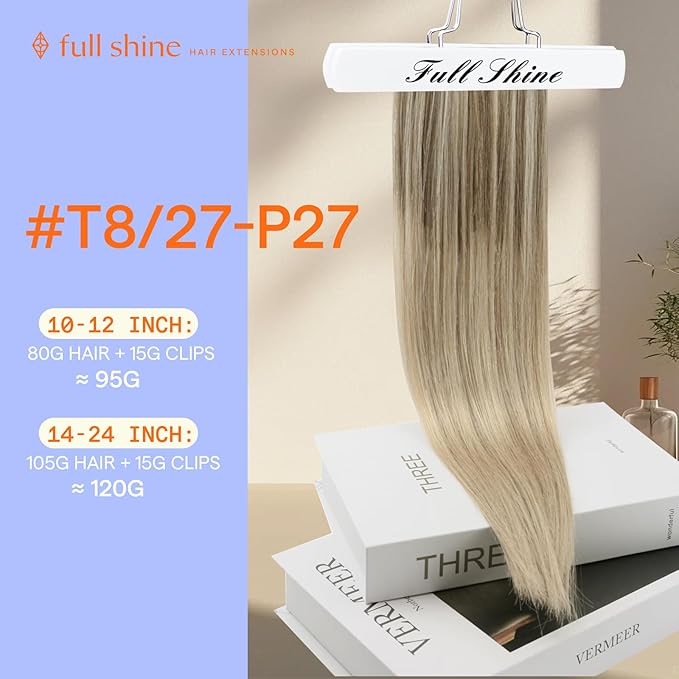 Full Shine Human Hair Extensions Blonde 14 Inch Teddy Bear Blonde Balayage Real Hair Extensions Clip in Human Hair 120 G 7 Pcs
