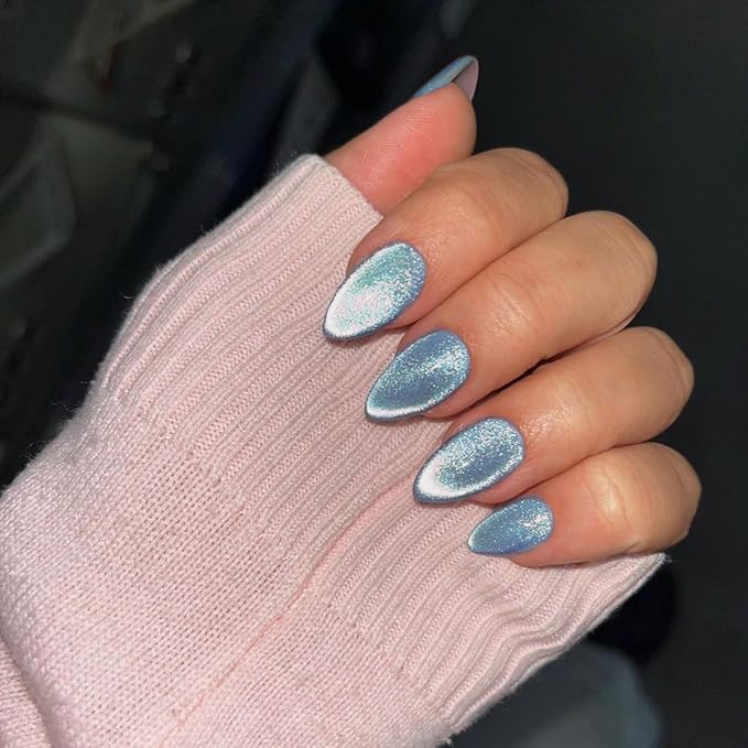 KQueenest Press On Nails Short - Baby Light Blue Press On Nails Almond Shape, Glitter Cat Eye Fake Nails with Nail Glue, Reusable Cute Bright Gel Glue On Nails with Color-Shifting Glow, 30 Pcs