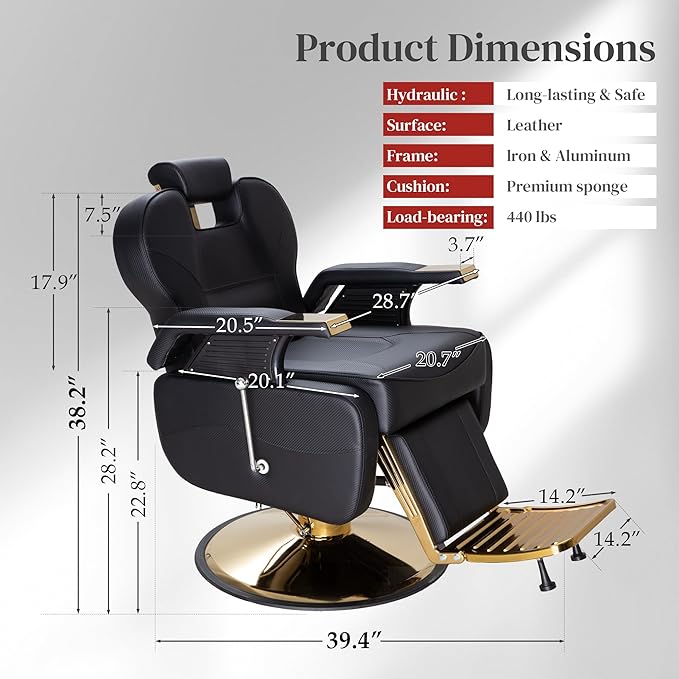 FHFO Barber Chairs for Barbershop, Heavy Duty Hydraulic Barber Chair 360° Swivel Reclining, Adjustable PU Leather Beauty Salon Chair for Barbershop Spa Black/Gold