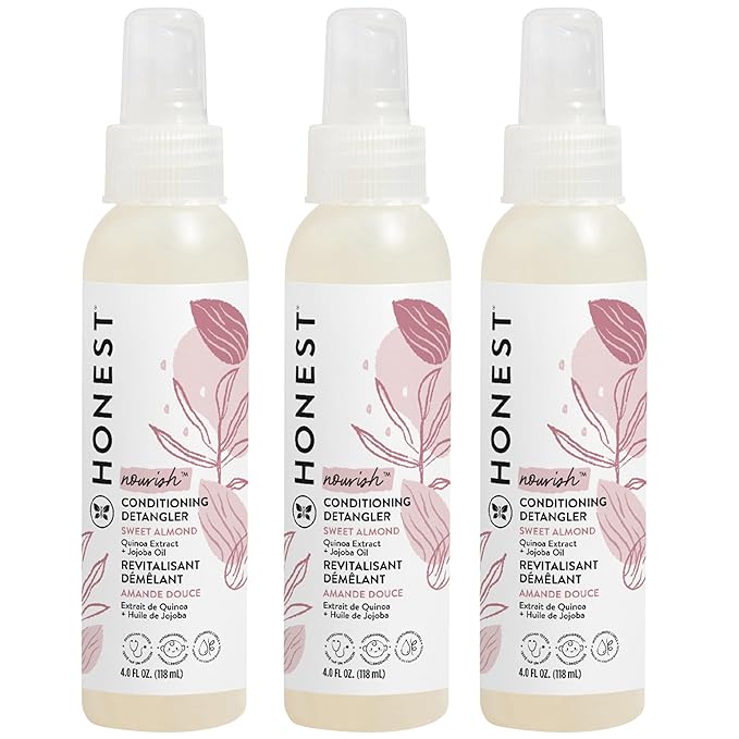 The Honest Company Conditioning Hair Detangler 3-Pack | Leave-in Conditioner + Fortifying Spray | Tear-free, Cruelty-Free, Hypoallergenic | Almond Nourishing, 4 fl oz each (pack of 3)