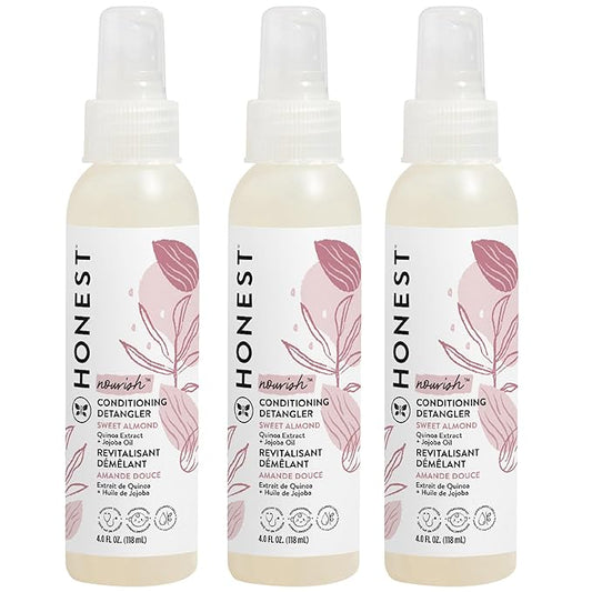The Honest Company Conditioning Hair Detangler 3-Pack | Leave-in Conditioner + Fortifying Spray | Tear-free, Cruelty-Free, Hypoallergenic | Almond Nourishing, 4 fl oz each (pack of 3)