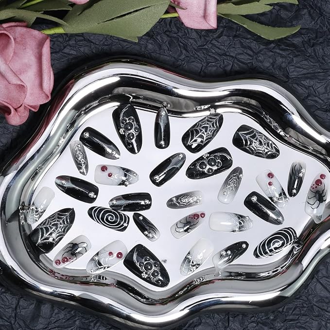 30Pcs Halloween Press on Nails Medium Almond French Tip Fake Nails Spider Web with 3D Gems Design Black Full Cover Artificial Gothic Glue on Nails Y2k False Nails Stick on Nail for Women