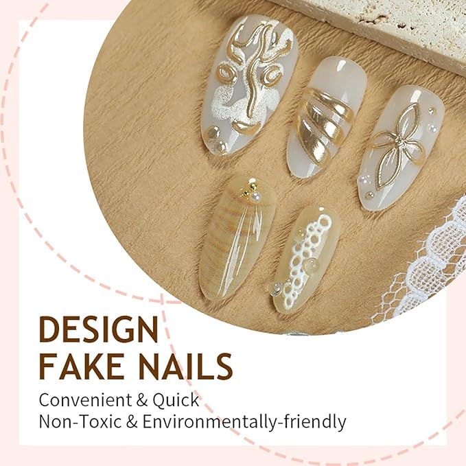 30Pcs Summer Beach Press on Nails Medium Almond Gold Fake Nails with 3D Pearl Seashell Designs Stick on Nail Cute Starfish False Nails Ocean Theme Glue on Nail Acrylic Nails for Women Manicure DIY