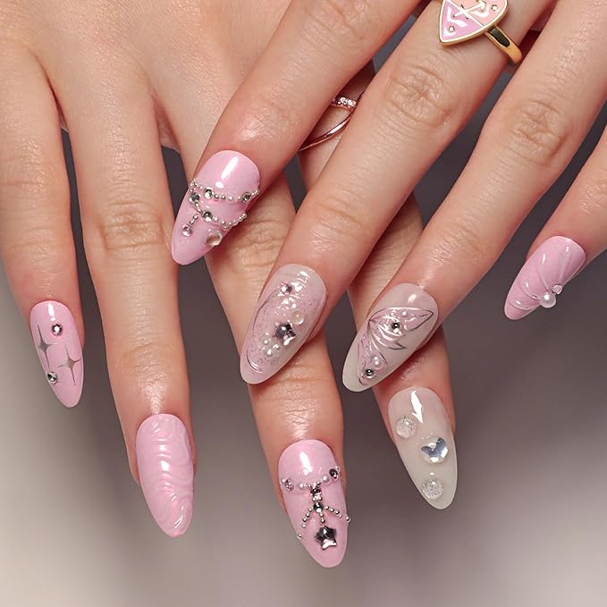 24Pcs Pink Press on Nails Medium Almond Fake Nails with 3D Star Rhinestones Pearl Design Ocean Shells Sweet Acrylic False Nails Spring Cute Butterfly White Glue on Nails for Manicure Decor