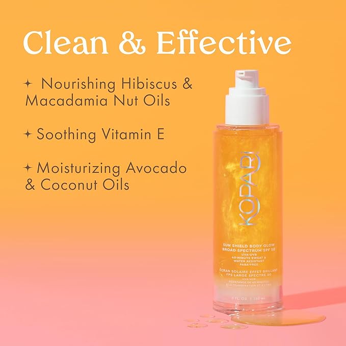 Kopari Sun Shield Body Glow, Broad Spectrum SPF 50, Lightweight Shimmering Gel Texture Absorbs Quickly, Non Sticky, Glowing Results, Gold 2 Pack