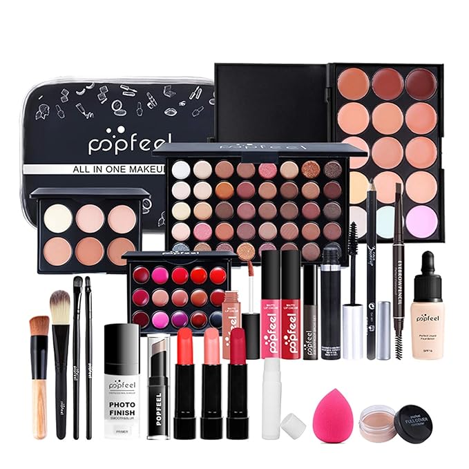 All in One Makeup Kit for Women Full Kit Girls Makeup Gift Sets Xmas Essential Bundle Include Eyeshadow Palette Lipstick Blush Concealer Eyeliner Mascara Foundation Brush Eyebrow Pencil