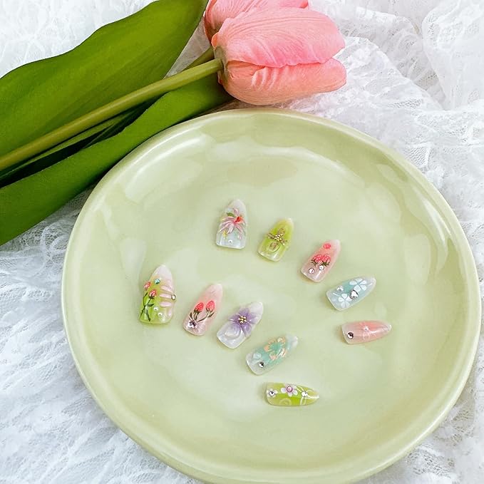 30Pcs 3D Flower Press on Nails Medium Almond Fake Nails with Pearl Rhinestones Designs Fill Cover Glue on Nails Cute Strawberry Acrylic Nails Pink Bow False Nails Star Floral Stick on Nails for Women