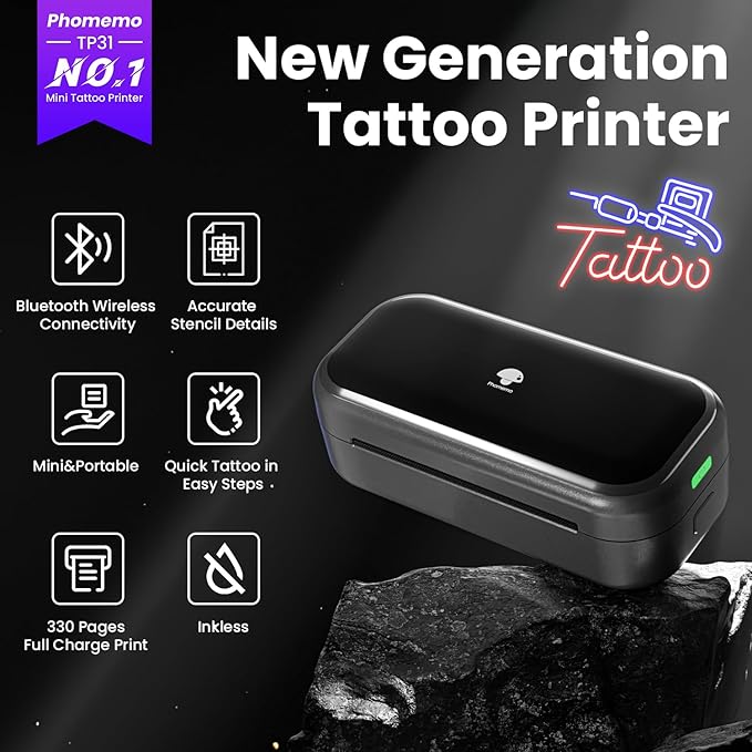 Phomemo TP31 Tattoo Stencil Printer, Mini Tattoo Printer with 30pcs Transfer Paper,Bluetooth Tattoo Machines Printers for Tattoo Beginners & Artists, Compatible with Tablet,Smartphone