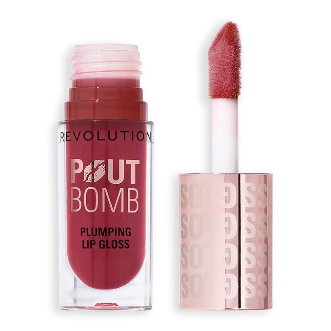 Revolution Beauty London, Pout Bomb Plumping Lip Gloss, High-Shine for Glossy, Fuller & Plump Lips with Hyaluronic Acid & Peptides, Vegan & Cruelty-Free, Deep Rosewood Rose Pink, 0.15 fl oz