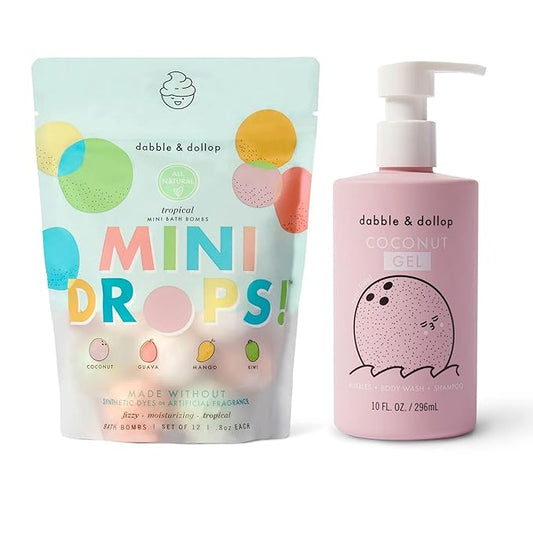 Dabble & Dollop Tropical Mini Bath Bombs & Coconut Shampoo, Body Wash and Bubble Bath for Kids - All Natural Scents, Resealable Pouch, Vegan, Gluten-Free, Cruelty-Free (Pack of 2)
