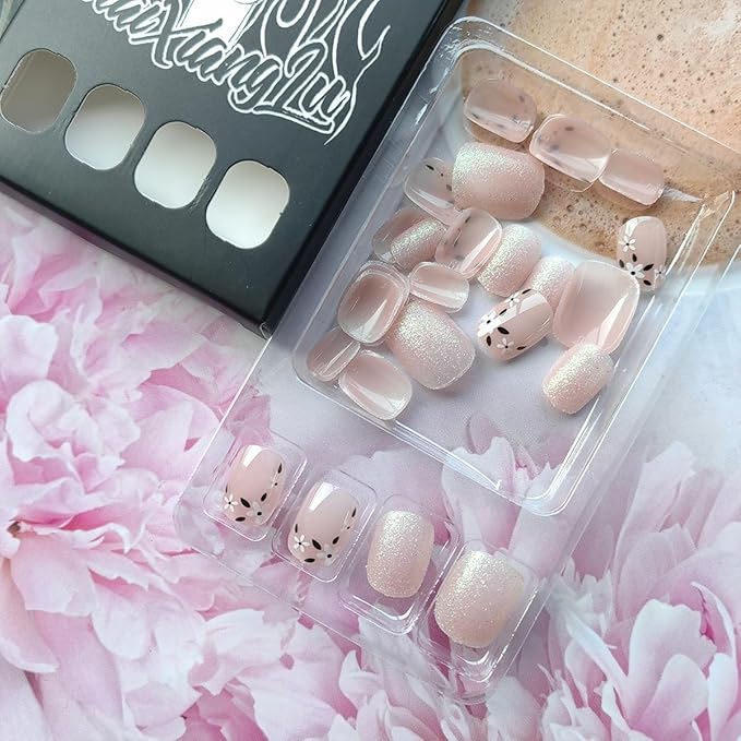 24Pcs Spring Square Press on Nails Short French Tip Fake Nails Small Flower Glue on Nails Glitter Full Cover Acrylic Nails Pink False Nails Cute Stick on Artificial Nails for Women Daily Manicure