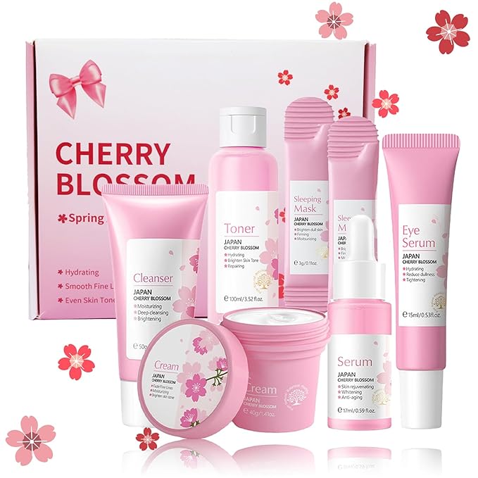 Skincare Gifts For Teenage Girls,Cherry Blossom Skincare Sets,Facial kit,Pamper Sets For Women Gifts,Skin Care Sets & Kits (One Size, Cherry Blossom-SetA-Base Moisturizing)