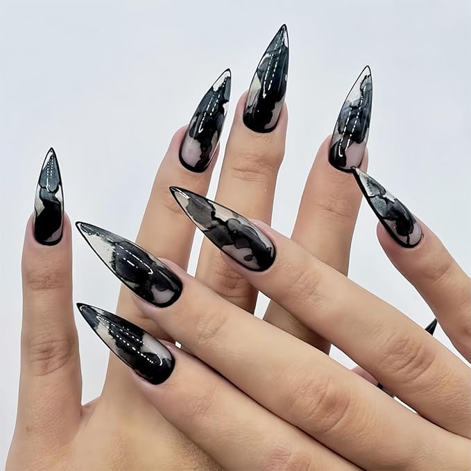 IMRAIN Black French Press-on Nails Long Stiletto Fake Nails Ink Ombre Glossy Glue-on Full Cover Artificial Clear Almond Stick-on for Women 24Pcs Decor Kit