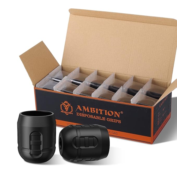 Ambition Soldier 42MM Disposable Tattoo Grips - 12Pcs Professional Tattoo Rubber Grip Cover with Click Adjust System Supply for Rotary Soldier, Zetton, Torped & Shura Tattoo Pen Machine Gun