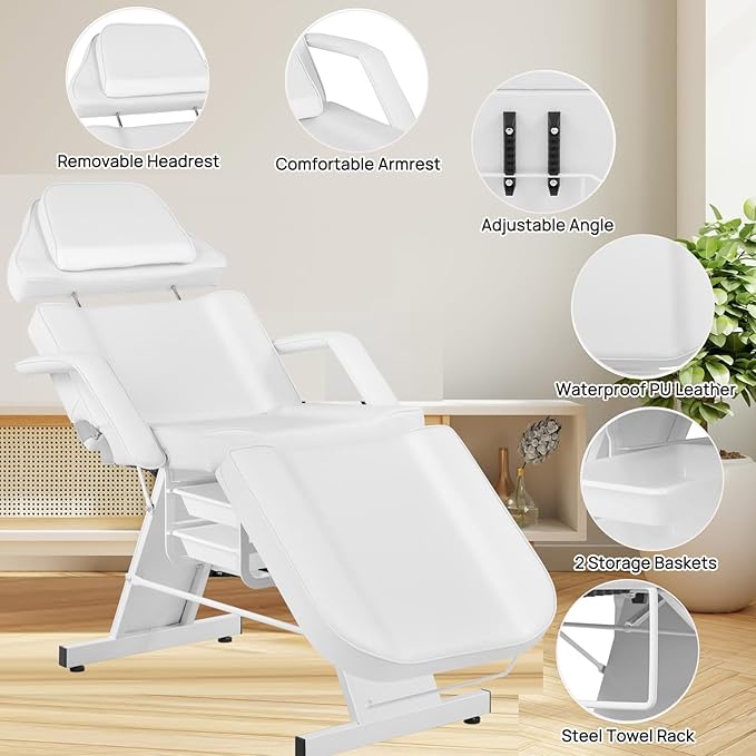 Facial Chair Tattoo Chair for Client Adjustable 3-Section Multipurpose with Hydraulic Stool for Esthetician Beauty Spa Tattoo Eyelash Equipment White